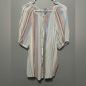“Como Vintage” Blouse Multi-Color Vertical Striped Short Sleeves Button-Up